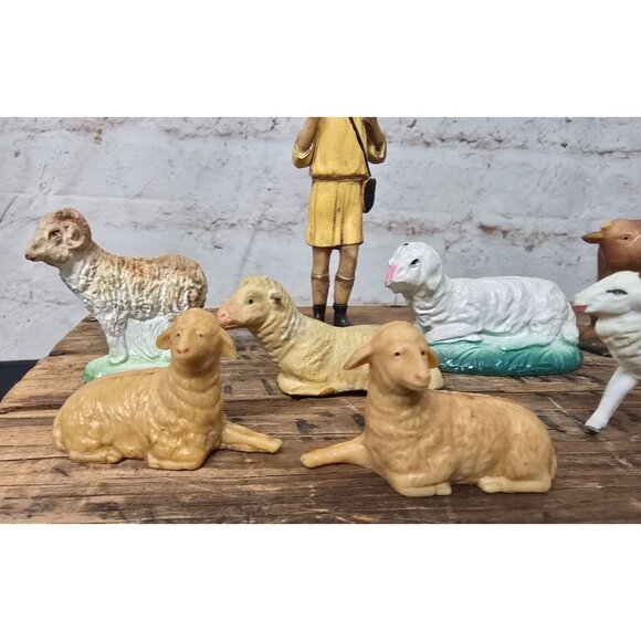 9 Vintage Painted Nativity Scene Figurines Set Shepherd Sheep Lambs Cattle Resin - Picture 3 of 5